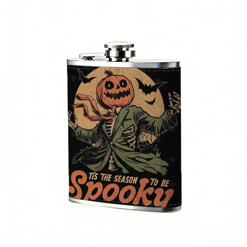 Spooky Halloween pumpkin ghost design One 8oz Flask – Carries Whiskey, Wine & Juice, Portable Outdoor Gift for Friends