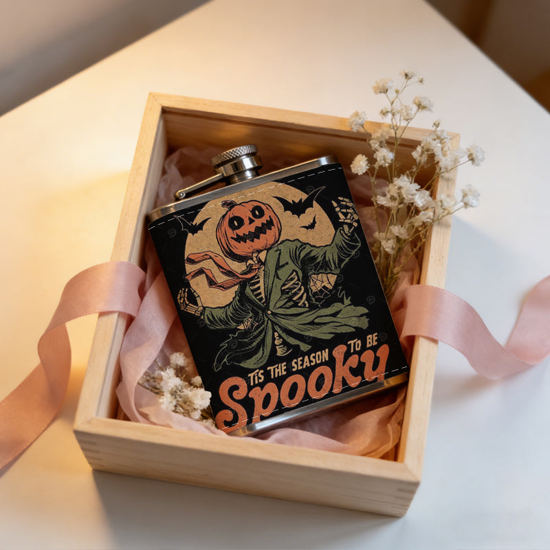 Spooky Halloween pumpkin ghost design One 8oz Flask – Carries Whiskey, Wine & Juice, Portable Outdoor Gift for Friends