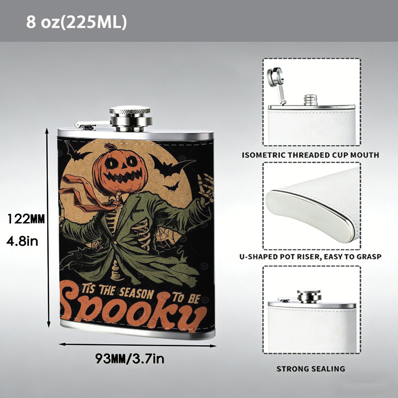 Spooky Halloween pumpkin ghost design One 8oz Flask – Carries Whiskey, Wine & Juice, Portable Outdoor Gift for Friends