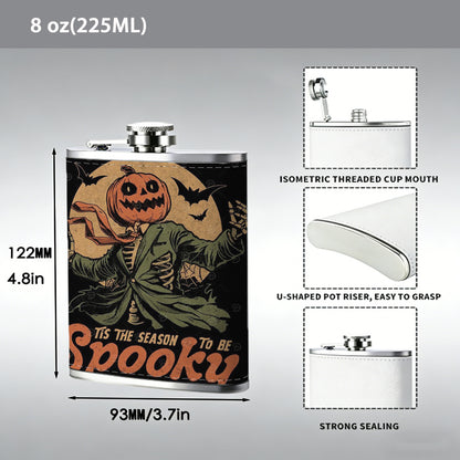 Spooky Halloween pumpkin ghost design One 8oz Flask – Carries Whiskey, Wine & Juice, Portable Outdoor Gift for Friends