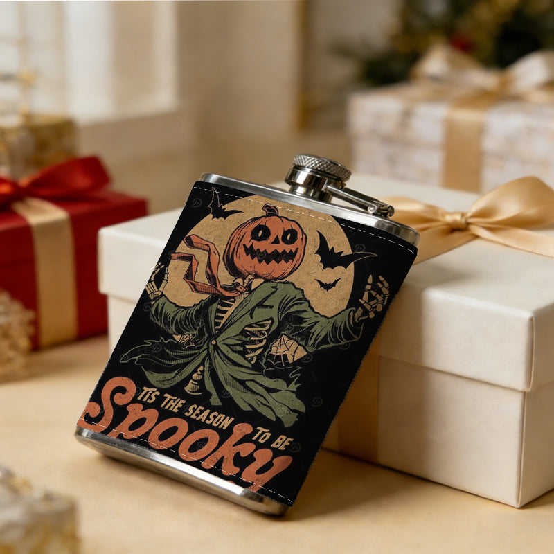 Spooky Halloween pumpkin ghost design One 8oz Flask – Carries Whiskey, Wine & Juice, Portable Outdoor Gift for Friends