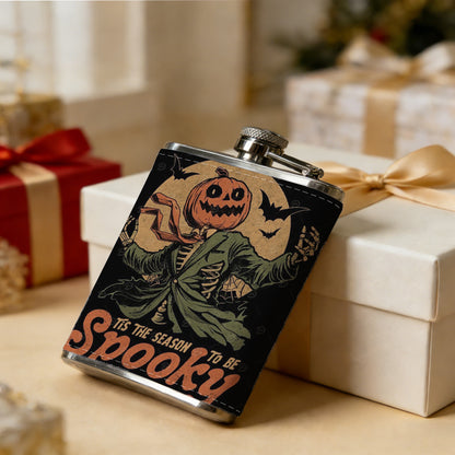 Spooky Halloween pumpkin ghost design One 8oz Flask – Carries Whiskey, Wine & Juice, Portable Outdoor Gift for Friends
