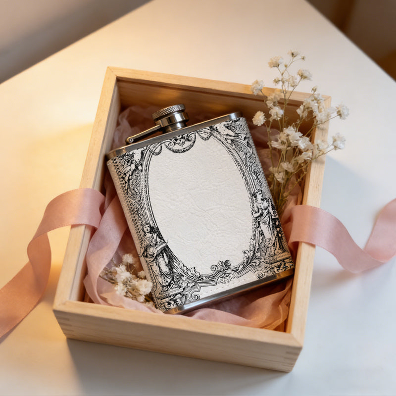 Ornate vintage oval decorative frame One 8oz Flask – Carries Whiskey, Wine & Juice, Portable Outdoor Gift for Friends