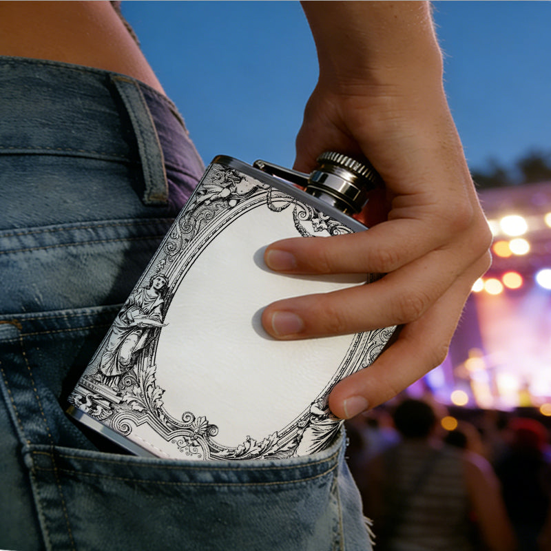 Ornate vintage oval decorative frame One 8oz Flask – Carries Whiskey, Wine & Juice, Portable Outdoor Gift for Friends