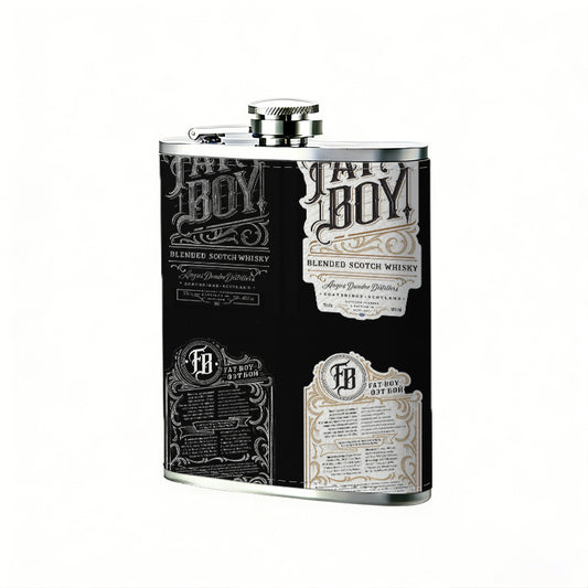 Four vintage "FAT BOY" tags One 8oz Flask – Carries Whiskey, Wine & Juice, Portable Outdoor Gift for Friends