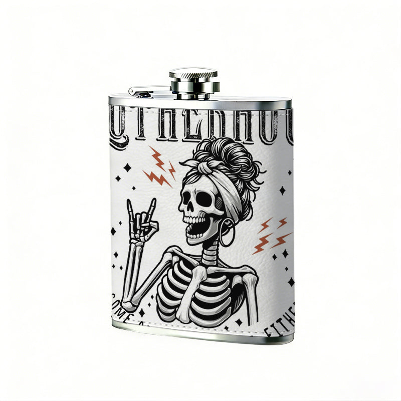 Skull mom with rock hand gesture and text One 8oz Flask – Carries Whiskey, Wine & Juice, Portable Outdoor Gift for Friends