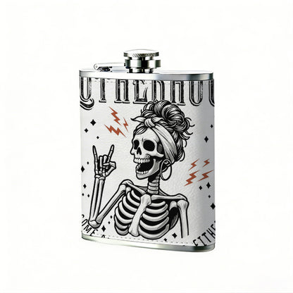 Skull mom with rock hand gesture and text One 8oz Flask – Carries Whiskey, Wine & Juice, Portable Outdoor Gift for Friends