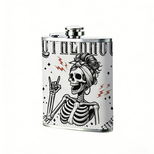 Skull mom with rock hand gesture and text One 8oz Flask – Carries Whiskey, Wine & Juice, Portable Outdoor Gift for Friends
