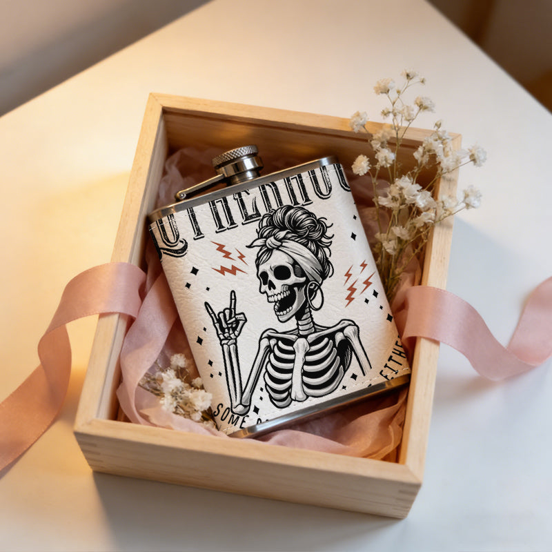 Skull mom with rock hand gesture and text One 8oz Flask – Carries Whiskey, Wine & Juice, Portable Outdoor Gift for Friends
