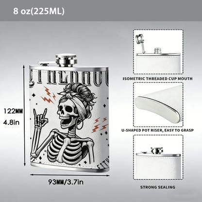 Skull mom with rock hand gesture and text One 8oz Flask – Carries Whiskey, Wine & Juice, Portable Outdoor Gift for Friends