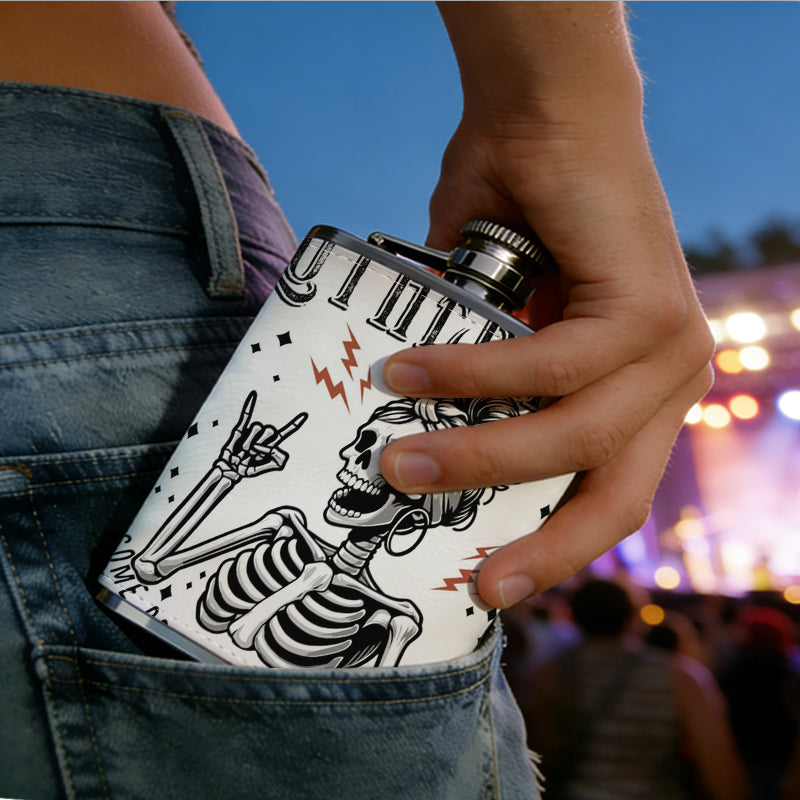 Skull mom with rock hand gesture and text One 8oz Flask – Carries Whiskey, Wine & Juice, Portable Outdoor Gift for Friends