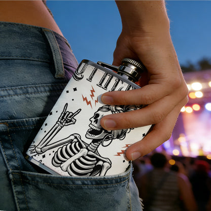 Skull mom with rock hand gesture and text One 8oz Flask – Carries Whiskey, Wine & Juice, Portable Outdoor Gift for Friends