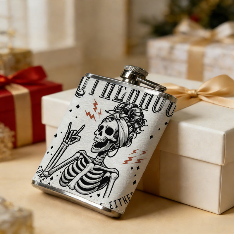 Skull mom with rock hand gesture and text One 8oz Flask – Carries Whiskey, Wine & Juice, Portable Outdoor Gift for Friends