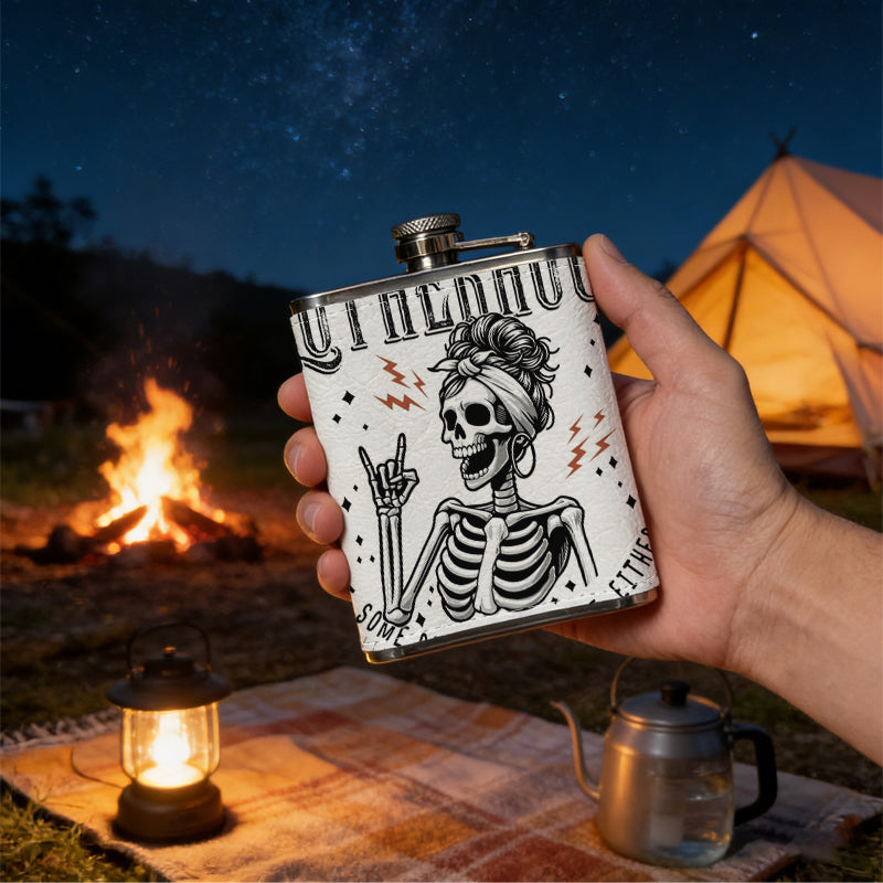 Skull mom with rock hand gesture and text One 8oz Flask – Carries Whiskey, Wine & Juice, Portable Outdoor Gift for Friends