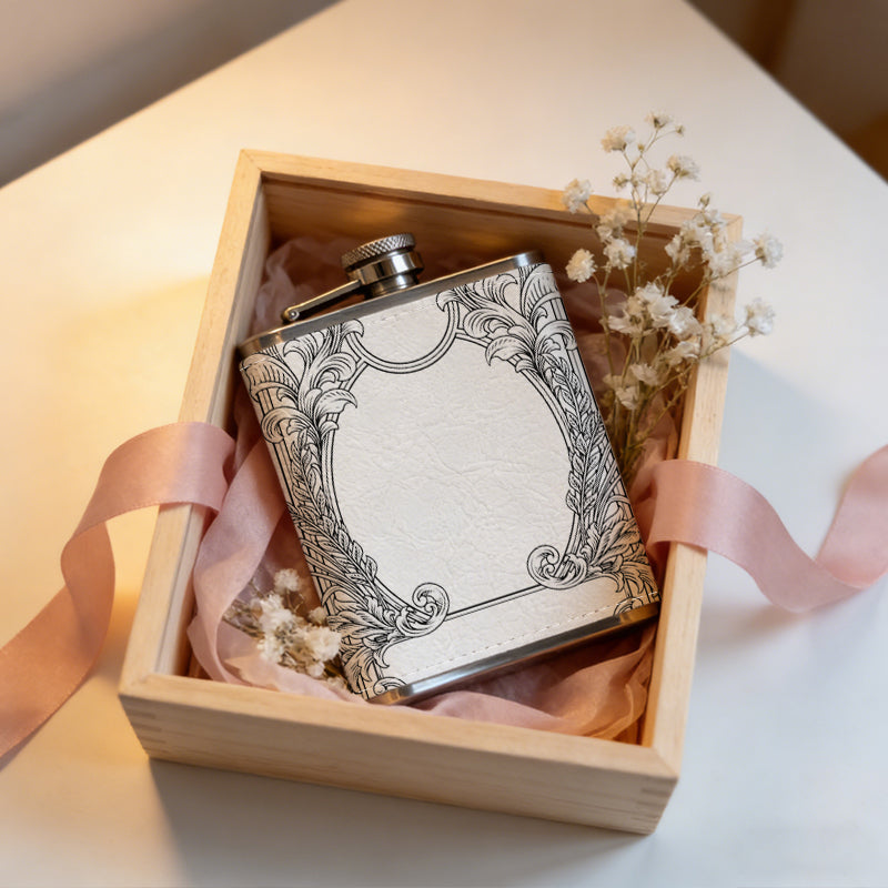 Ornate vintage decorative frame One 8oz Flask – Carries Whiskey, Wine & Juice, Portable Outdoor Gift for Friends