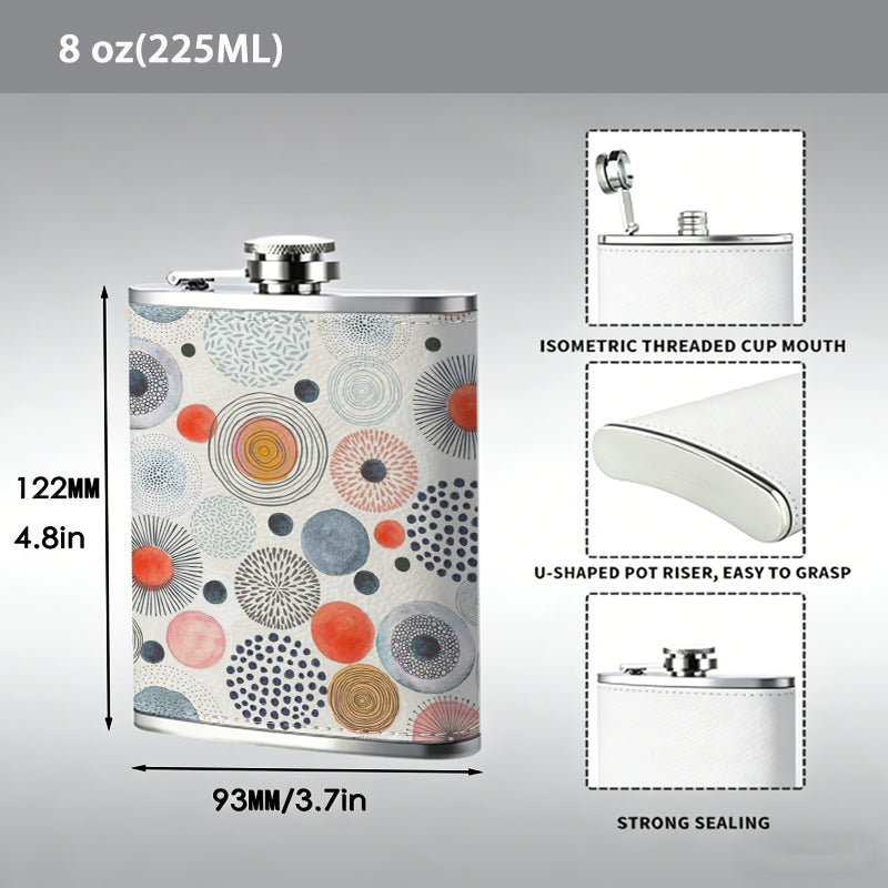 Multicolored overlapping circle patterns One 8oz Flask – Carries Whiskey, Wine & Juice, Portable Outdoor Gift for Friends