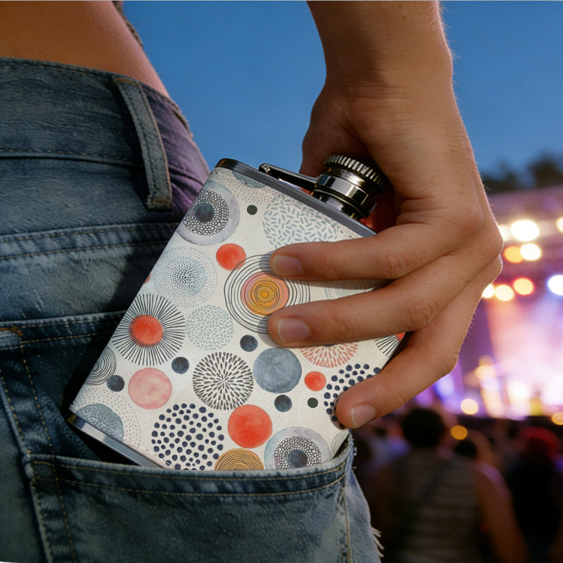 Multicolored overlapping circle patterns One 8oz Flask – Carries Whiskey, Wine & Juice, Portable Outdoor Gift for Friends