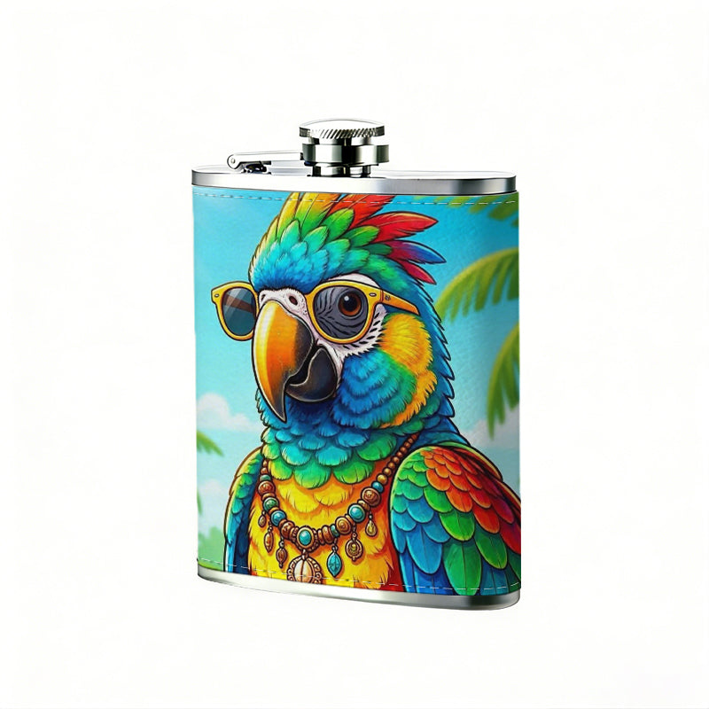 Cartoon parrot with sunglasses and palm trees One 8oz Flask – Carries Whiskey, Wine & Juice, Portable Outdoor Gift for Friends