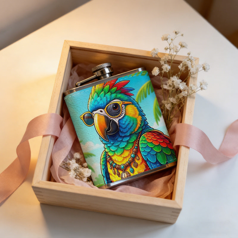 Cartoon parrot with sunglasses and palm trees One 8oz Flask – Carries Whiskey, Wine & Juice, Portable Outdoor Gift for Friends
