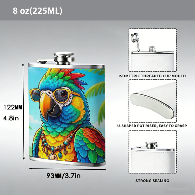 Cartoon parrot with sunglasses and palm trees One 8oz Flask – Carries Whiskey, Wine & Juice, Portable Outdoor Gift for Friends