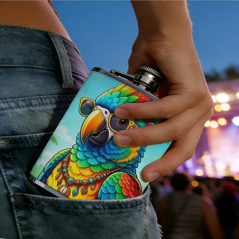 Cartoon parrot with sunglasses and palm trees One 8oz Flask – Carries Whiskey, Wine & Juice, Portable Outdoor Gift for Friends