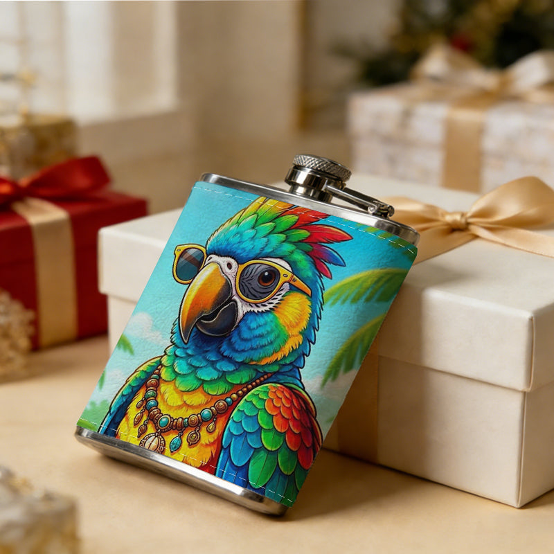 Cartoon parrot with sunglasses and palm trees One 8oz Flask – Carries Whiskey, Wine & Juice, Portable Outdoor Gift for Friends