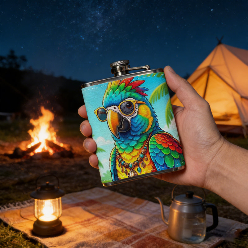 Cartoon parrot with sunglasses and palm trees One 8oz Flask – Carries Whiskey, Wine & Juice, Portable Outdoor Gift for Friends