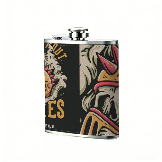 Two handdrawn vintage biker graphics One 8oz Flask – Carries Whiskey, Wine & Juice, Portable Outdoor Gift for Friends
