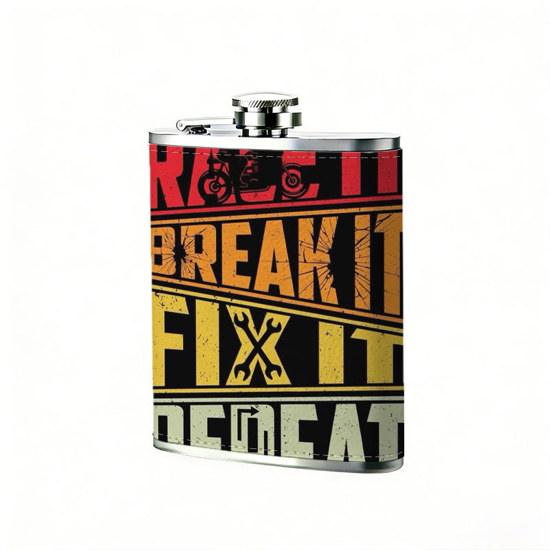 Four lines of text with crossed wrenches One 8oz Flask – Carries Whiskey, Wine & Juice, Portable Outdoor Gift for Friends