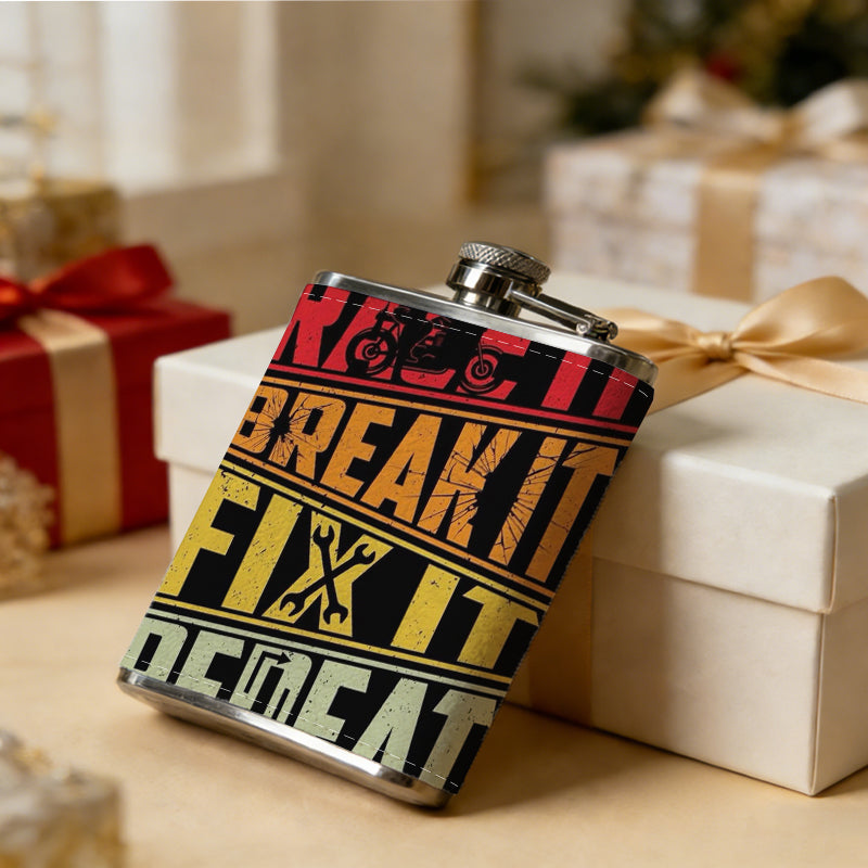 Four lines of text with crossed wrenches One 8oz Flask – Carries Whiskey, Wine & Juice, Portable Outdoor Gift for Friends