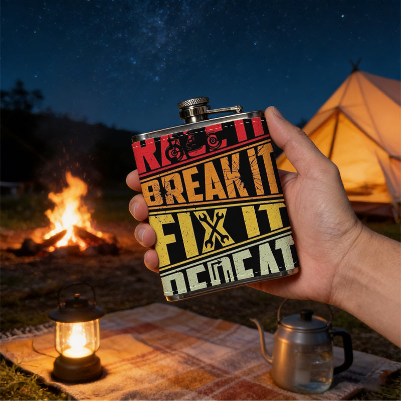 Four lines of text with crossed wrenches One 8oz Flask – Carries Whiskey, Wine & Juice, Portable Outdoor Gift for Friends