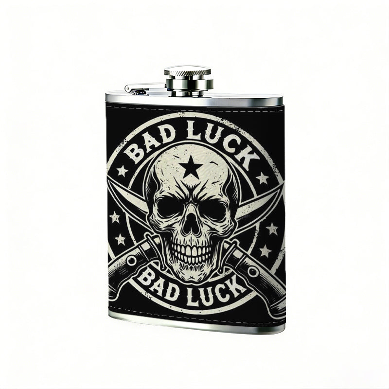 Skull with crossed guns and BAD LUCK One 8oz Flask – Carries Whiskey, Wine & Juice, Portable Outdoor Gift for Friends