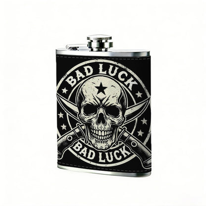 Skull with crossed guns and BAD LUCK One 8oz Flask – Carries Whiskey, Wine & Juice, Portable Outdoor Gift for Friends