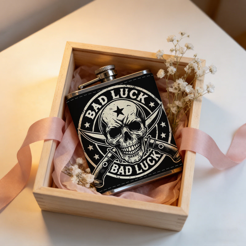 Skull with crossed guns and BAD LUCK One 8oz Flask – Carries Whiskey, Wine & Juice, Portable Outdoor Gift for Friends