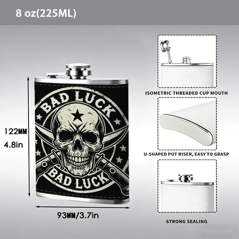 Skull with crossed guns and BAD LUCK One 8oz Flask – Carries Whiskey, Wine & Juice, Portable Outdoor Gift for Friends