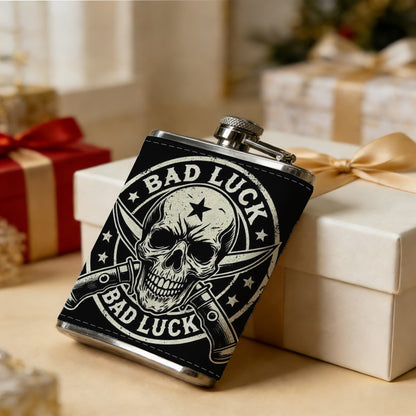 Skull with crossed guns and BAD LUCK One 8oz Flask – Carries Whiskey, Wine & Juice, Portable Outdoor Gift for Friends