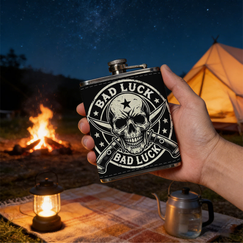 Skull with crossed guns and BAD LUCK One 8oz Flask – Carries Whiskey, Wine & Juice, Portable Outdoor Gift for Friends