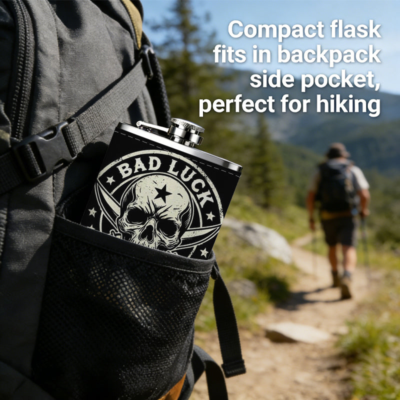Skull with crossed guns and BAD LUCK One 8oz Flask – Carries Whiskey, Wine & Juice, Portable Outdoor Gift for Friends
