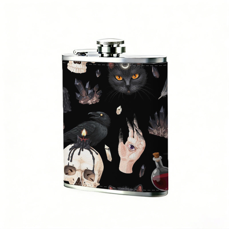 Skulls, hands and red ornaments One 8oz Flask – Carries Whiskey, Wine & Juice, Portable Outdoor Gift for Friends