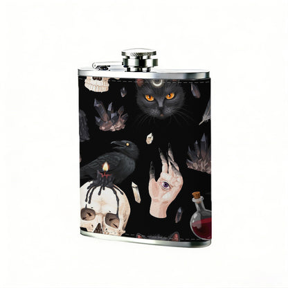 Skulls, hands and red ornaments One 8oz Flask – Carries Whiskey, Wine & Juice, Portable Outdoor Gift for Friends