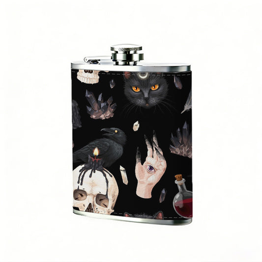 Skulls, hands and red ornaments One 8oz Flask – Carries Whiskey, Wine & Juice, Portable Outdoor Gift for Friends