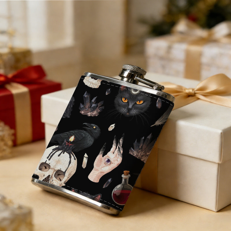 Skulls, hands and red ornaments One 8oz Flask – Carries Whiskey, Wine & Juice, Portable Outdoor Gift for Friends