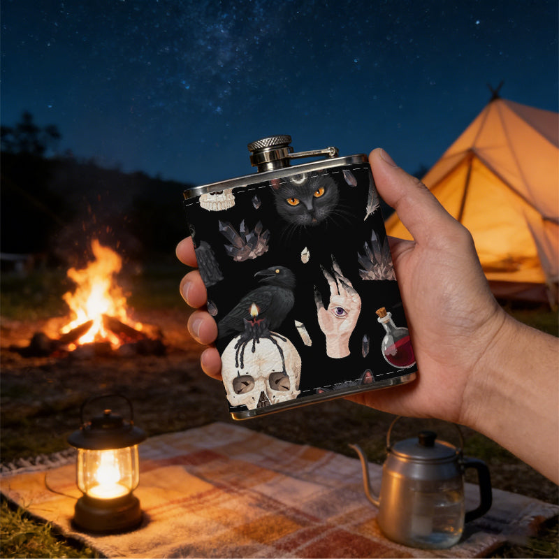 Skulls, hands and red ornaments One 8oz Flask – Carries Whiskey, Wine & Juice, Portable Outdoor Gift for Friends