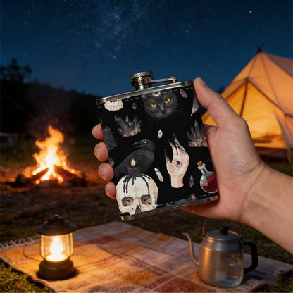 Skulls, hands and red ornaments One 8oz Flask – Carries Whiskey, Wine & Juice, Portable Outdoor Gift for Friends