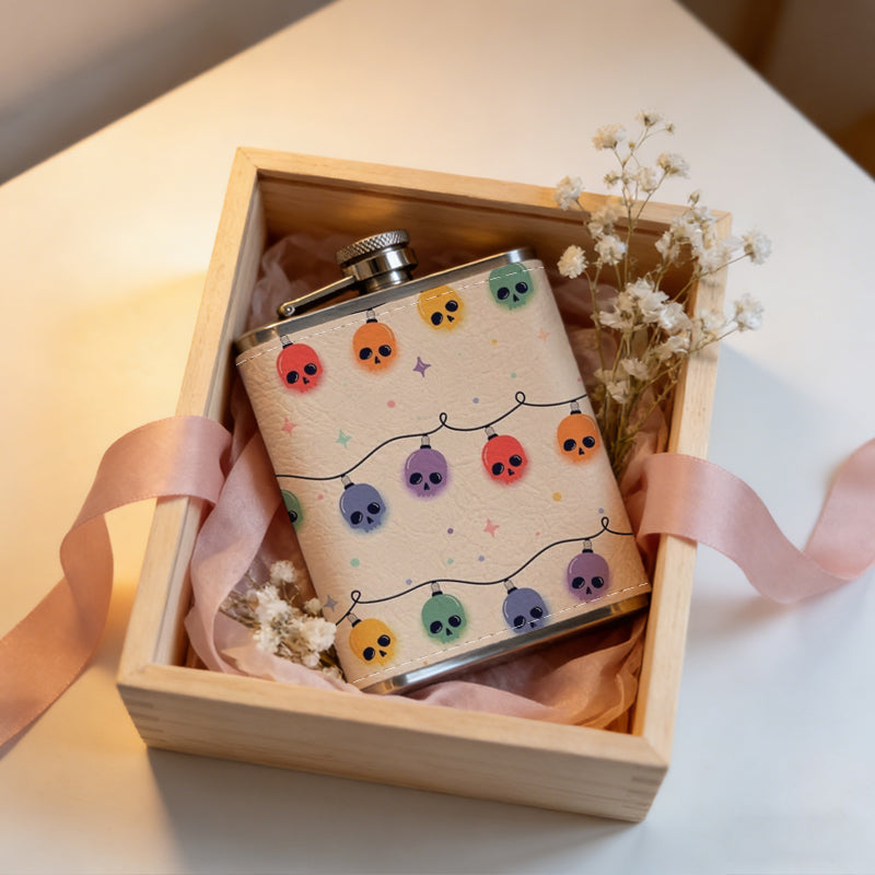 Colorful ladybug string lights One 8oz Flask – Carries Whiskey, Wine & Juice, Portable Outdoor Gift for Friends
