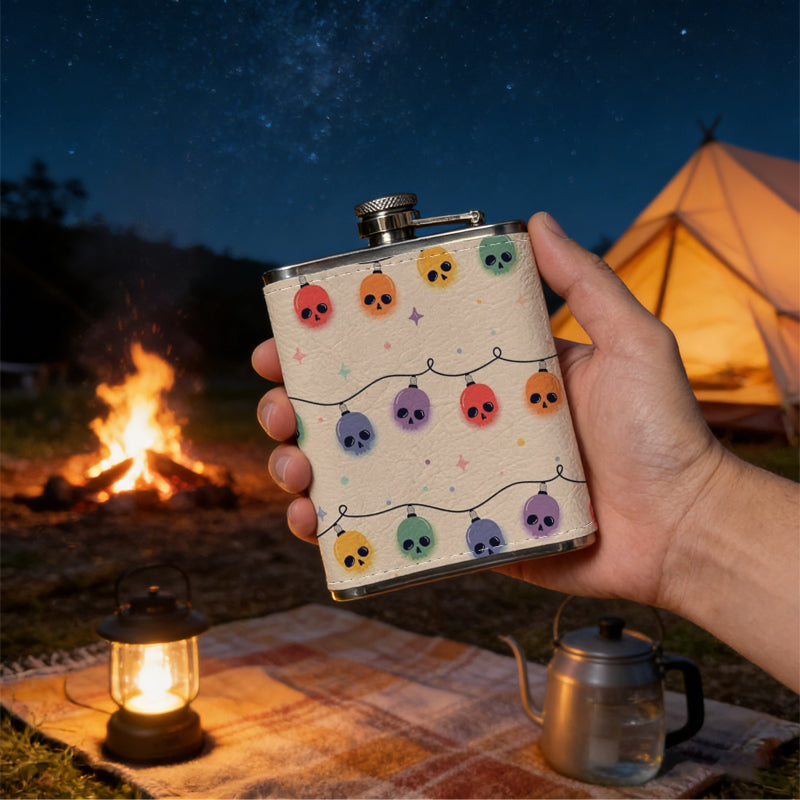 Colorful ladybug string lights One 8oz Flask – Carries Whiskey, Wine & Juice, Portable Outdoor Gift for Friends
