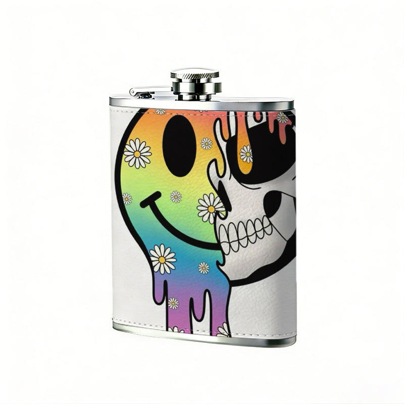 Dripping rainbow smiley skull sticker One 8oz Flask – Carries Whiskey, Wine & Juice, Portable Outdoor Gift for Friends