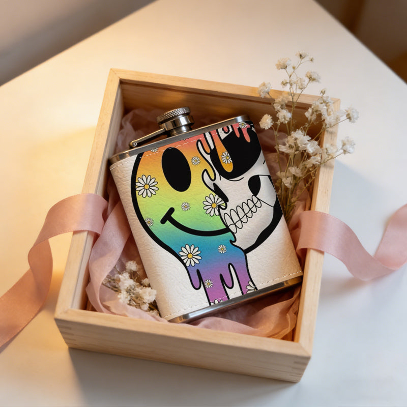 Dripping rainbow smiley skull sticker One 8oz Flask – Carries Whiskey, Wine & Juice, Portable Outdoor Gift for Friends