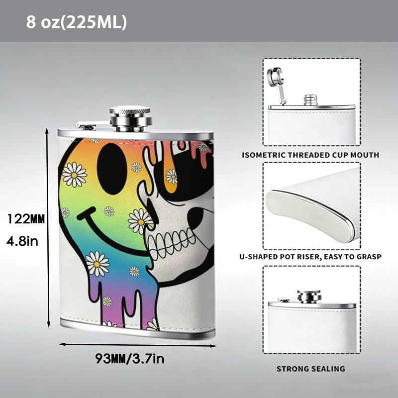 Dripping rainbow smiley skull sticker One 8oz Flask – Carries Whiskey, Wine & Juice, Portable Outdoor Gift for Friends