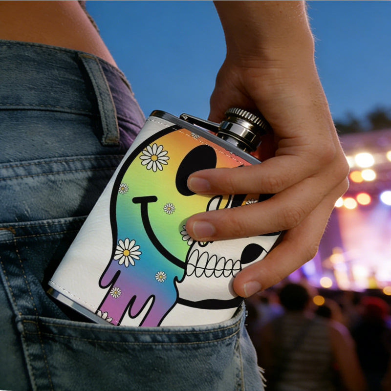 Dripping rainbow smiley skull sticker One 8oz Flask – Carries Whiskey, Wine & Juice, Portable Outdoor Gift for Friends